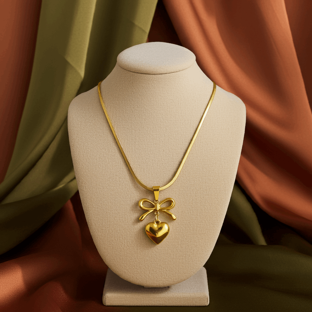 Golden Bow Heart Pendant Necklace πͺ - Ruposhree