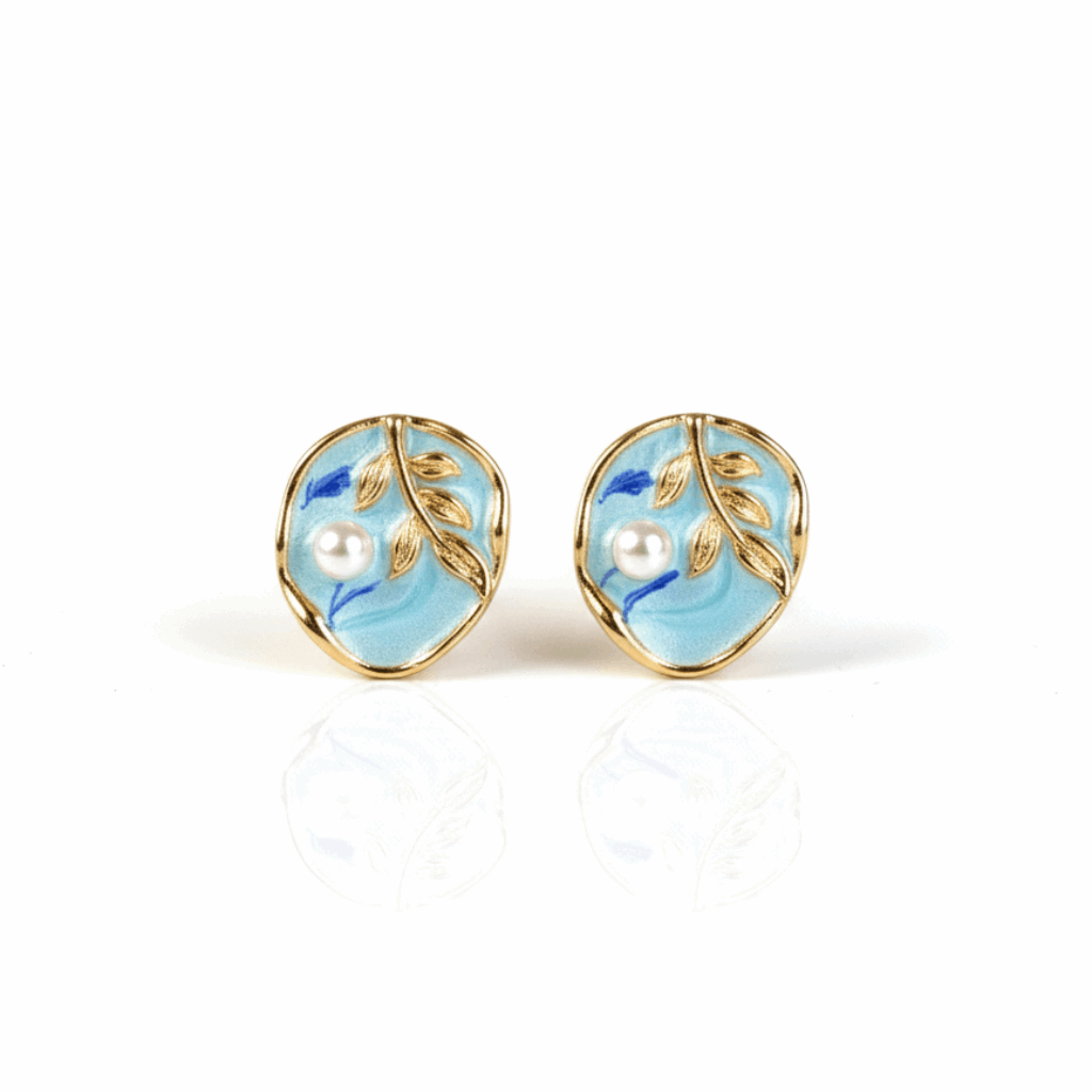Elegant Blue Enamel Gold Leaf Earrings with Pearl Accent - Ruposhree