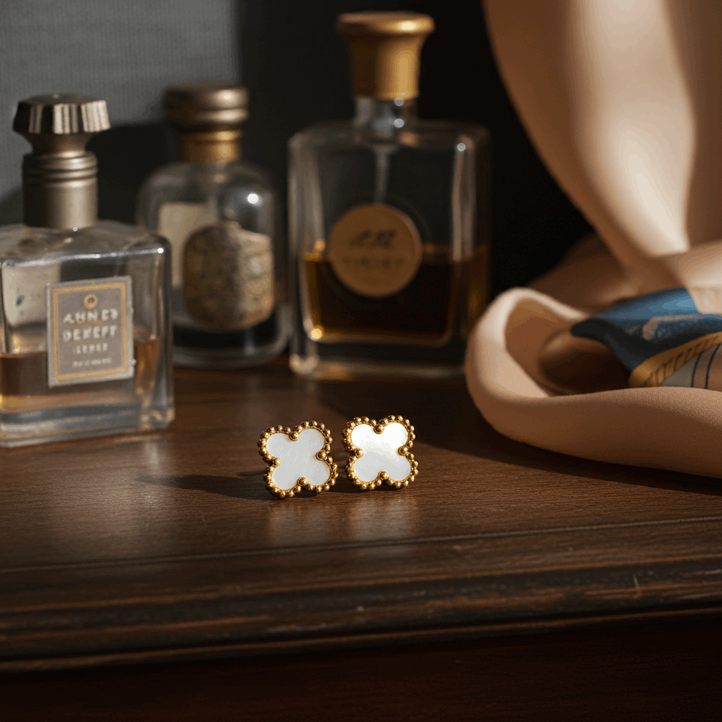 White Clover Stud Earrings - Elegant Mother of Pearl Design - Ruposhree