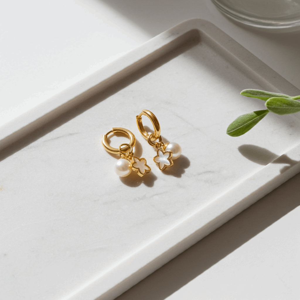 Golden Pearl & Clover Charm Hoop Earrings for Elegance and Style - Ruposhree