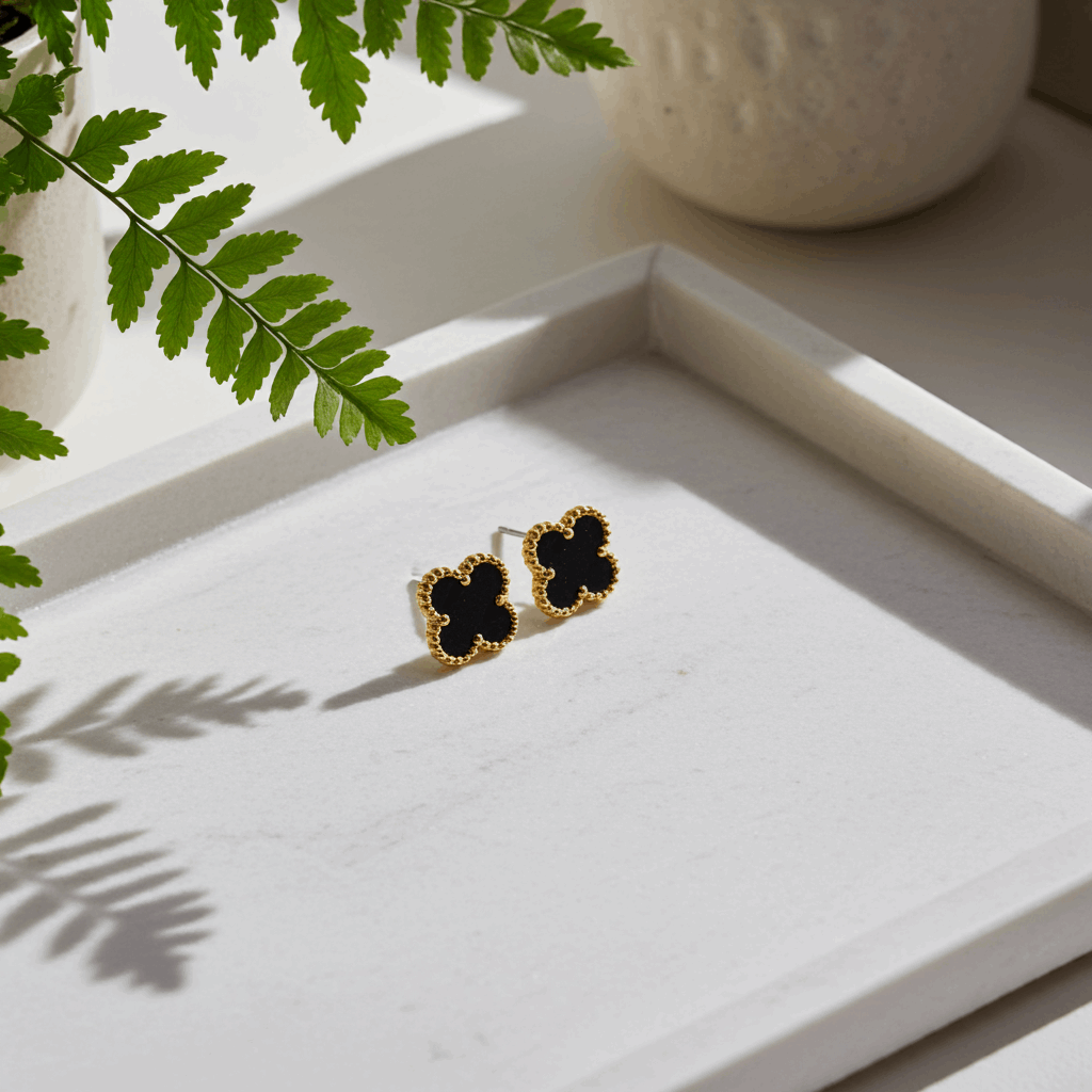 Black Clover Stud Earrings with Golden Finish - Elegant and Stylish - Ruposhree