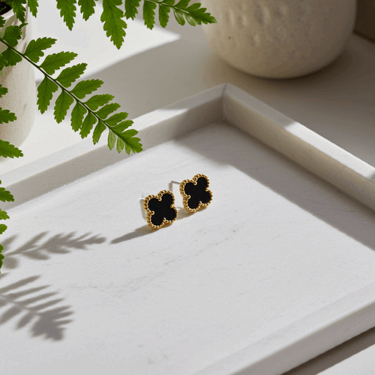 Black Clover Stud Earrings with Golden Finish - Elegant and Stylish - Ruposhree