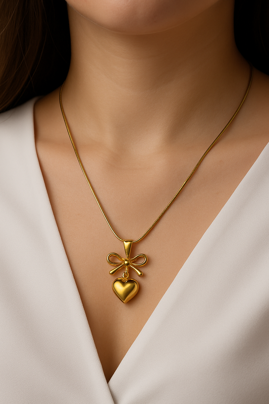 Golden Bow Heart Pendant Necklace - 18K Gold Plated