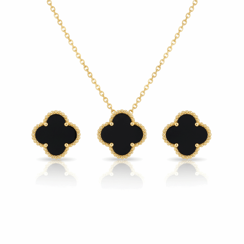 Black Clover Necklace & Earrings Set - Golden Finish - Ruposhree