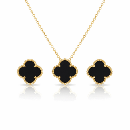 Black Clover Necklace & Earrings Set - Golden Finish - Ruposhree