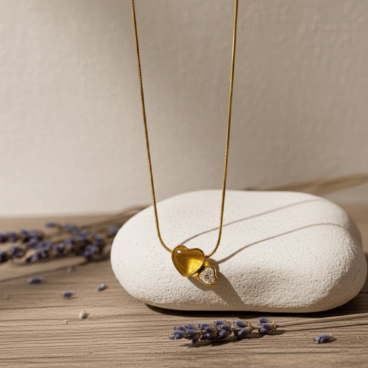 Golden Double Heart Pendant Necklace with Crystal Accent - Ruposhree
