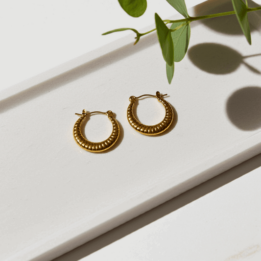 Golden Ribbed Crescent Hoop Earrings – Vintage Glow - Ruposhree