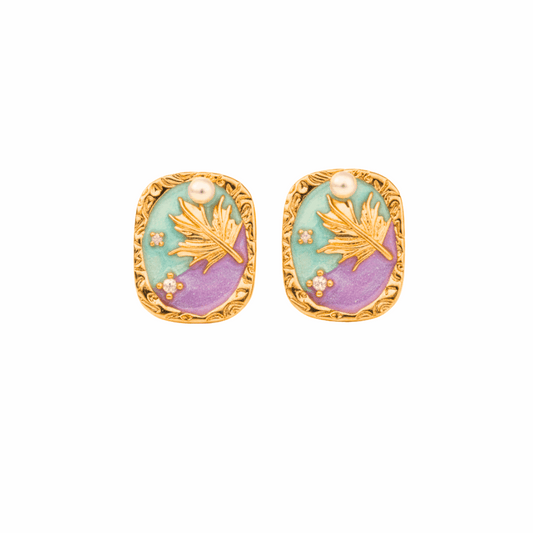 Vintage Leaf Enamel Earrings with Pearl & Gold Detailing - Ruposhree