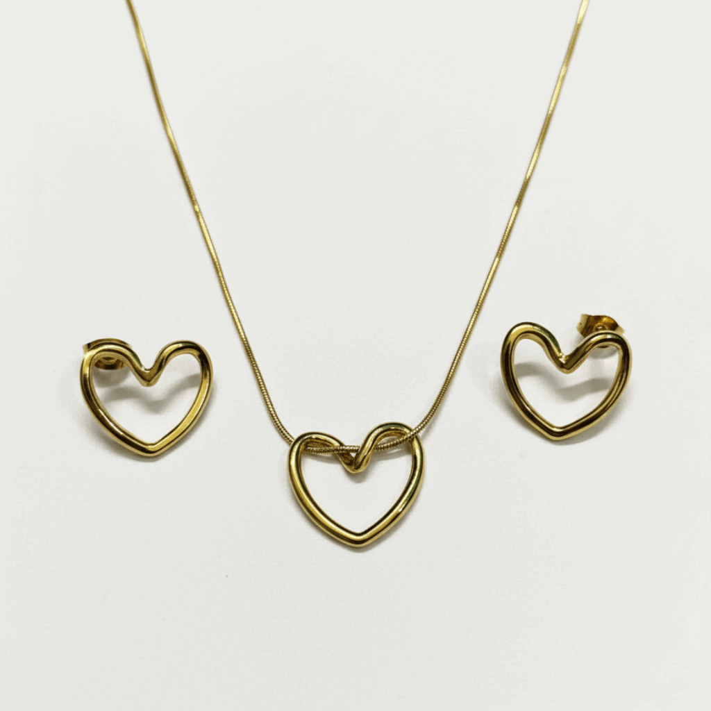 Golden Open-Heart Necklace & Earrings Set