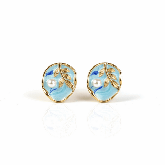 Elegant Blue Enamel Gold Leaf Earrings with Pearl Accent - Ruposhree