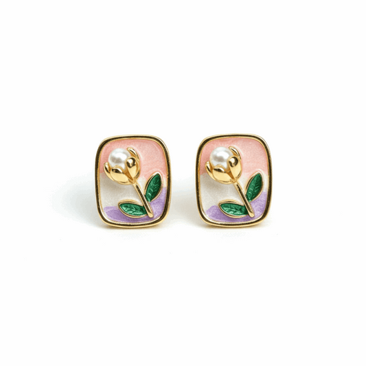 Pastel Bloom Enamel Earrings with Pearl Accent - Ruposhree