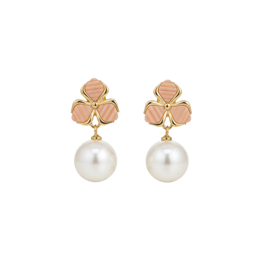 Carved Coral-Tone Flower and Pearl Drop Earrings - Ruposhree