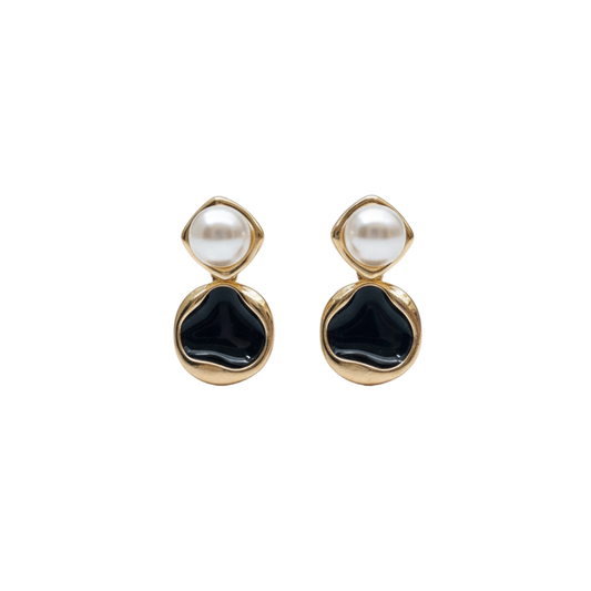 Asymmetrical Black Enamel and Pearl Drop Earrings - Ruposhree