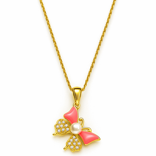 Golden Pink Butterfly Pendant Necklace – Pearl & Crystal Accent 💖