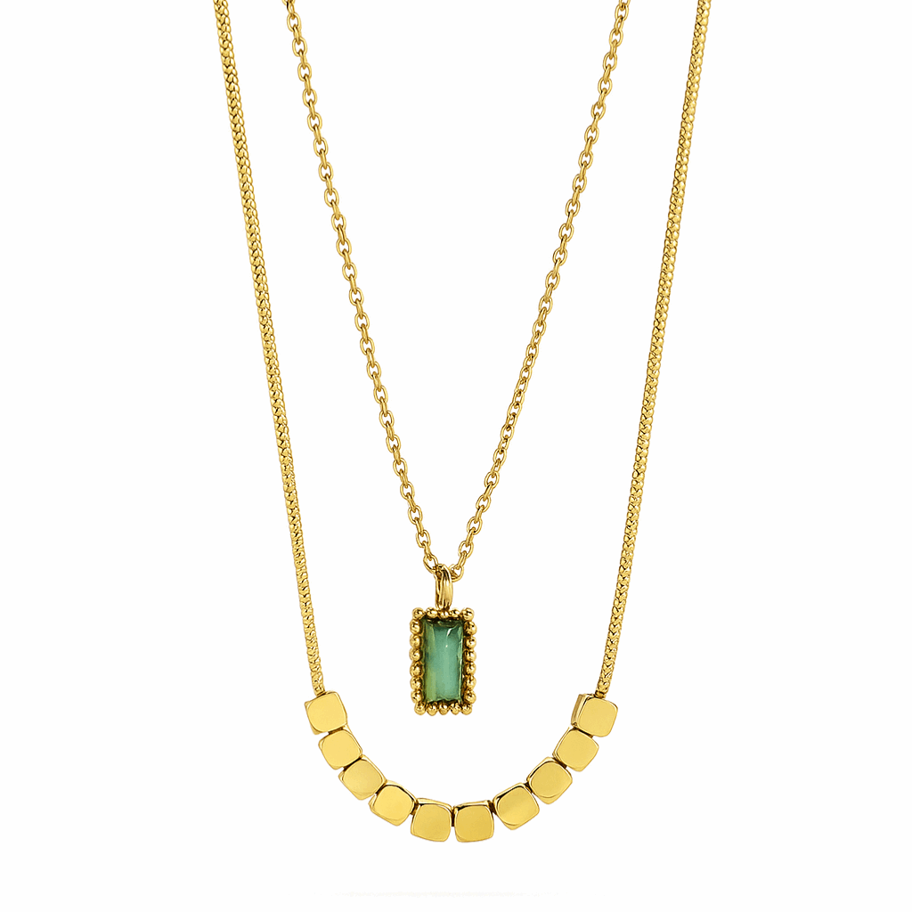 Emerald Green Layered Necklace – Dual Chain Golden Elegance