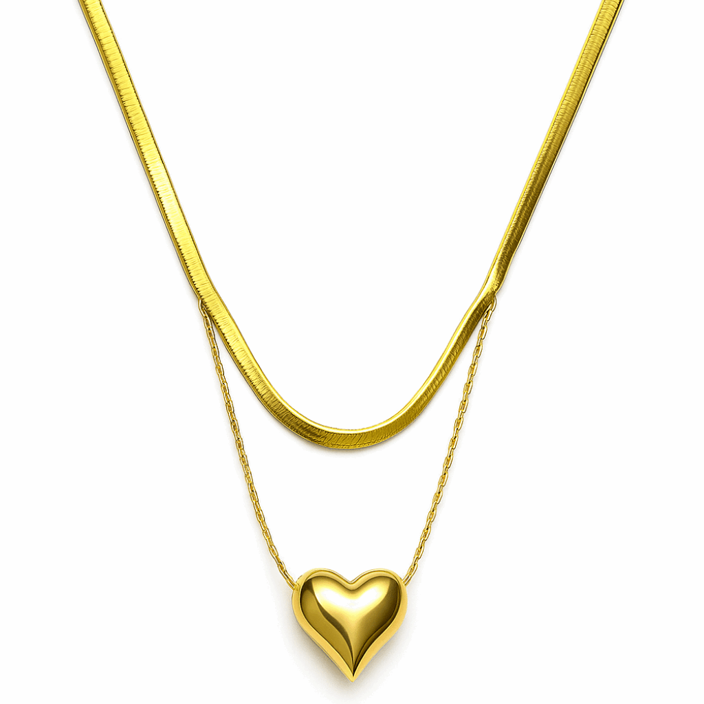 Layered Gold Necklace with Puffy Heart Pendant 💖 - Ruposhree