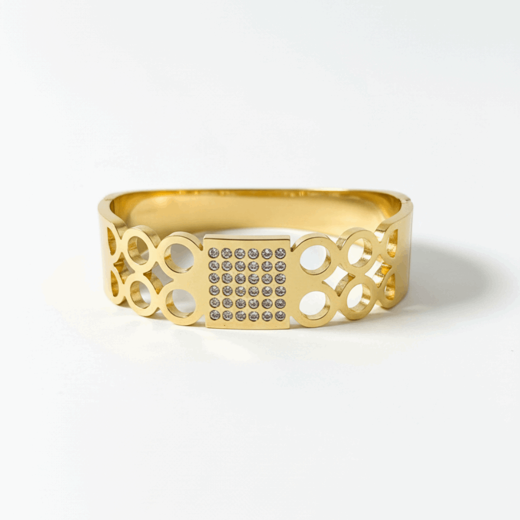 Circle Motif Gold Bangle with Diamond Accents - Ruposhree