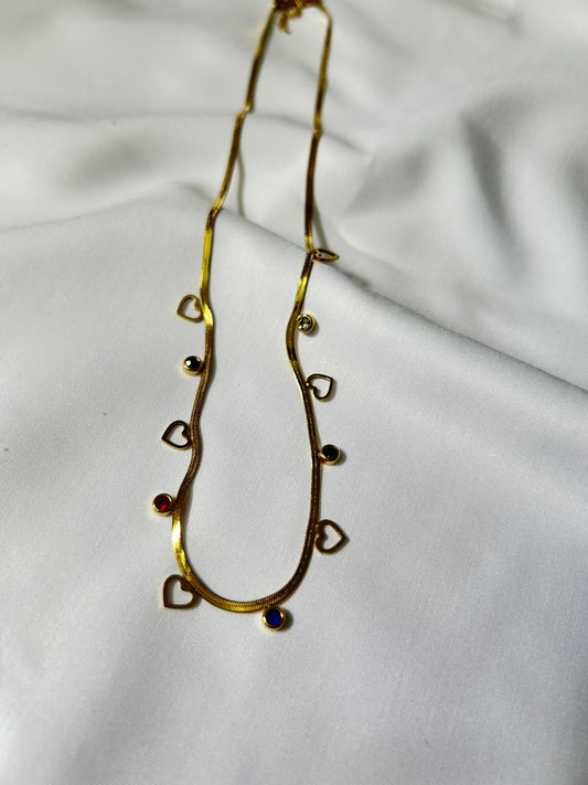 Golden Hearts & Gems Charm Necklace - 18K Gold Plated
