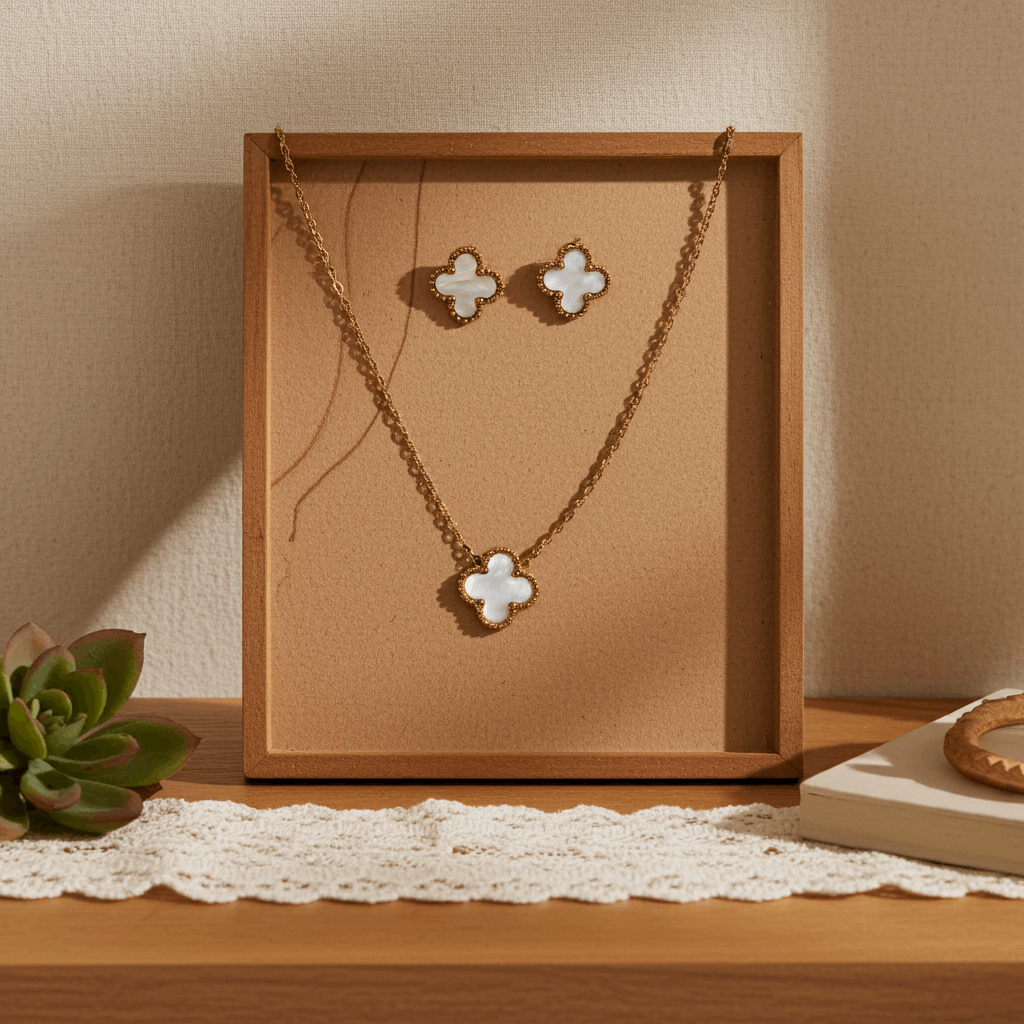 White Clover Necklace & Earrings Set - Ruposhree