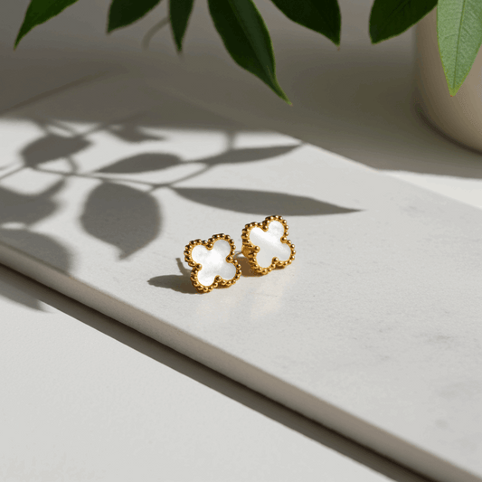 White Clover Stud Earrings - Elegant Mother of Pearl Design - Ruposhree