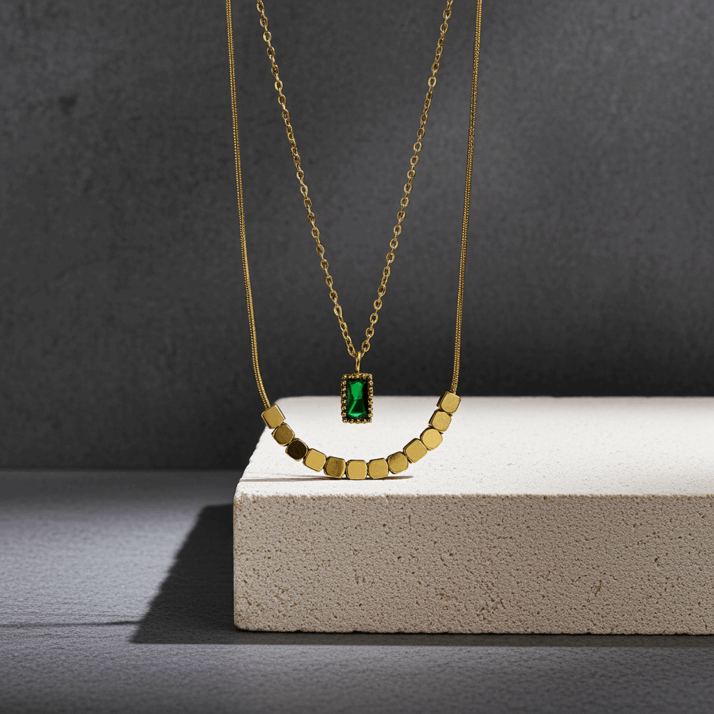 Emerald Green Layered Necklace – Dual Chain Golden Elegance ✨💚 - Ruposhree